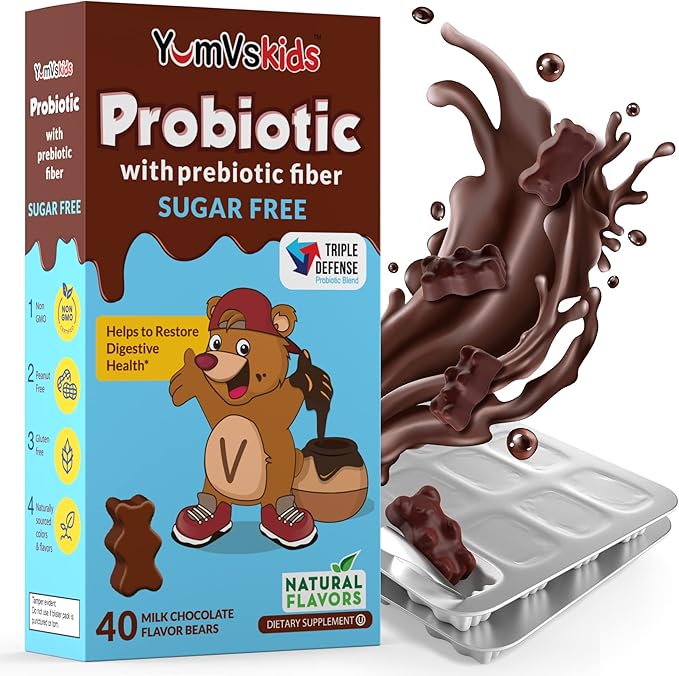 YumVs Probiotics for Kids with Prebiotic Fiber Sugar Free Chocolate Chewable Supplements - Dietary Supplement Chewables for Digestive Health - Toddlers, Kids & Teens 60 Count