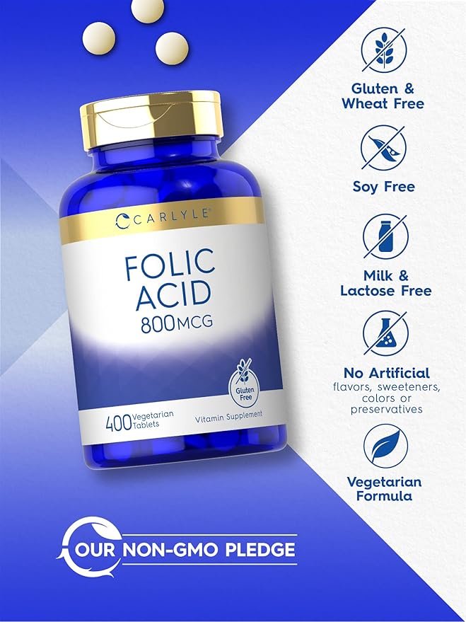 Carlyle Folic Acid 800 Mcg Tablets | 400 Count | Vegetarian, Non-GMO, Gluten Free Supplement
