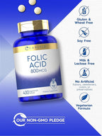 Carlyle Folic Acid 800 Mcg Tablets | 400 Count | Vegetarian, Non-GMO, Gluten Free Supplement