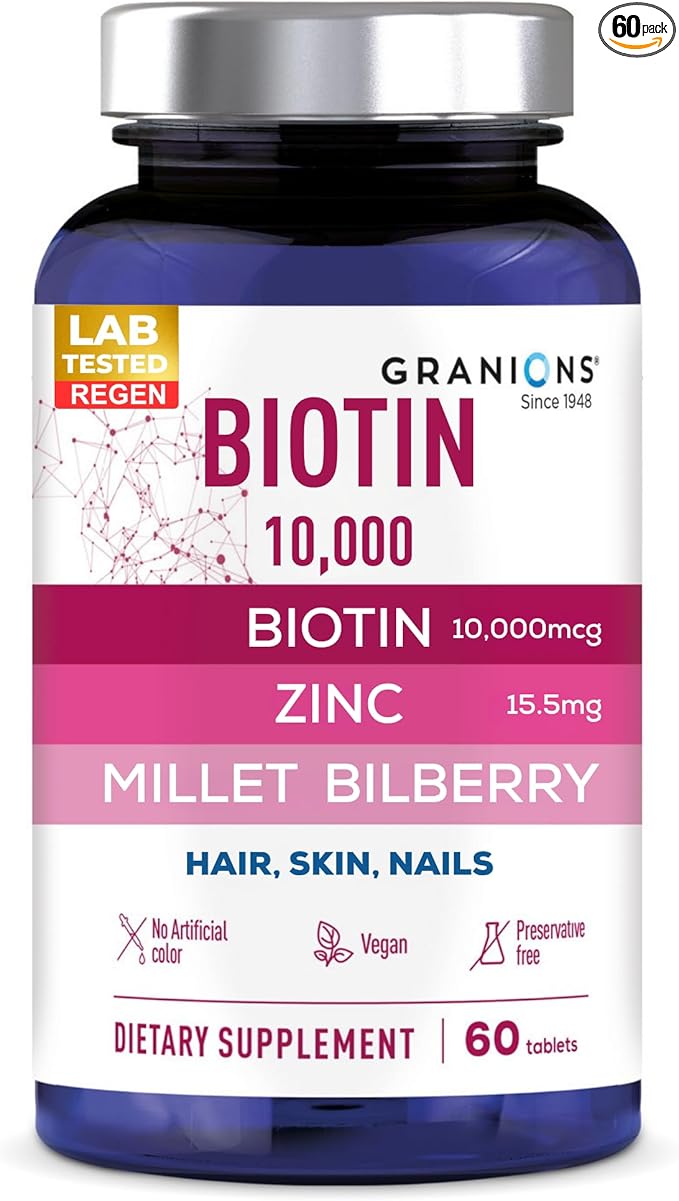 Granions Biotin 10,000 mcg Hair, Skin and Nails Pills - Extra Strength Biotin Complex with Zinc, Selenium, Millet, Bilberry, Aminos - Hair Growth Vitamins Supplement for Women & Men - 60 Tablets