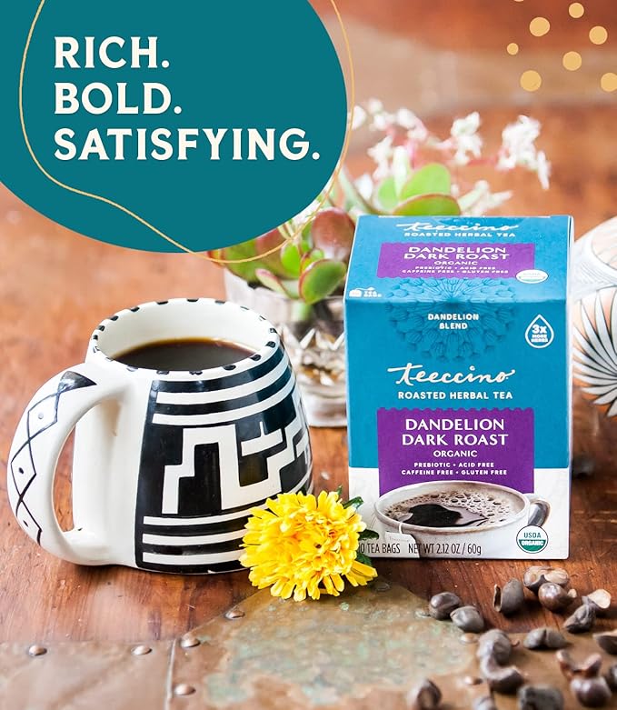 Teeccino Dandelion Tea – Dark Roast – Rich & Roasted Herbal Tea That’s Caffeine Free & Prebiotic with Detoxifying Dandelion Root, 10 Tea Bags (Pack of 4)