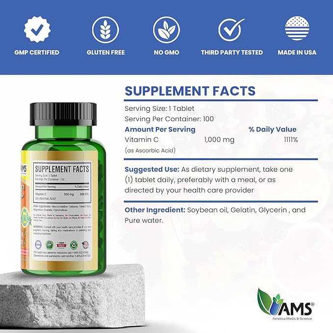 America Medic & Science Rapid-C 500mg Vitamin C Supplement (1 Pack of 100 Tablets) Energy Booster, Daily Immune System Support, Antioxidant | Vegan, Non-GMO Coated Ascorbic Acid for Adult Men & Women