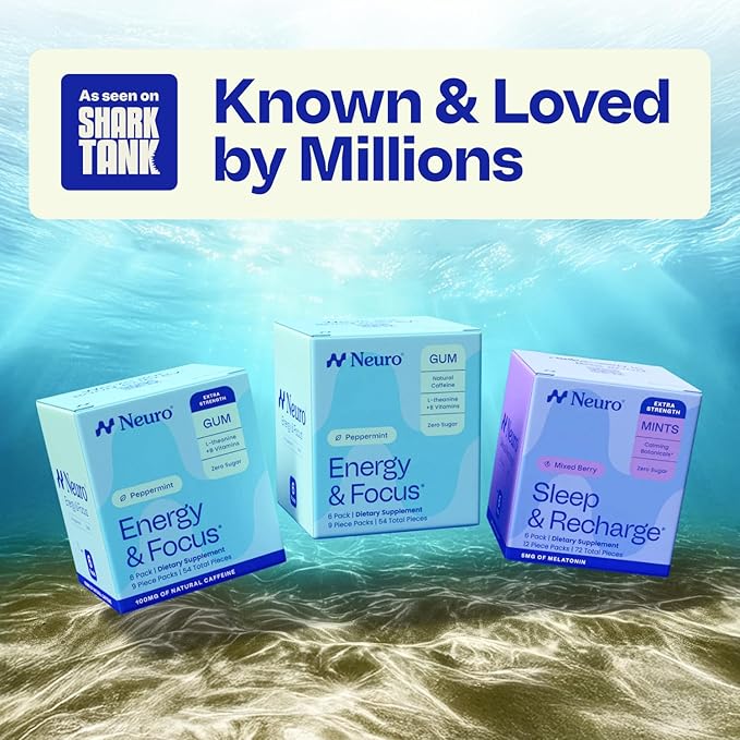 Neuro Energy & Focus Gum - 40mg Natural Caffeine Gum & Nootropic Energy Supplement with L-Theanine & B Vitamins - Sugar Free, Vegan - Peppermint, 90ct
