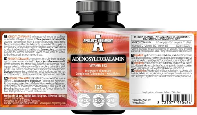 APOLLO'S HEGEMONY Adenosylcobalamin 120 Tablets - Optimal Bioavailable Vitamin B12 for Enhanced Energy Metabolism - 480 Servings - Diet Supplement