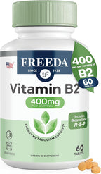 FREEDA Vitamin B2 400 mg Supplement with Riboflavin-5-Phosphate – High Potency B2 Vitamins Riboflavin 400mg per Serving for Energy, Metabolism & Nervous System – Vegan VIT B 2, Small Tablets (60 Ct)