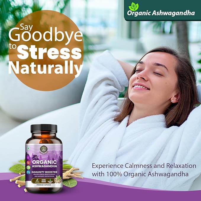 Ashwagandha KSM 66 Pure Organic Root Powder Extract Ayurvedic Supplement - Focus, Mood Support, Increase Energy, Strength, 600mg of Natural KSM66 for Superior Absorption - 60 Capsules
