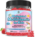 Kids Multivitamin Gummies with Omega-3 (Dha+Epa), Methylated B12 & Folate, B6, B2 & Elderberry, Vitamin D3, C, A, E, Zinc, Postbiotics, Choline | for Brain, Eye & Immune, Clean, Sugar Free, 60 Cts