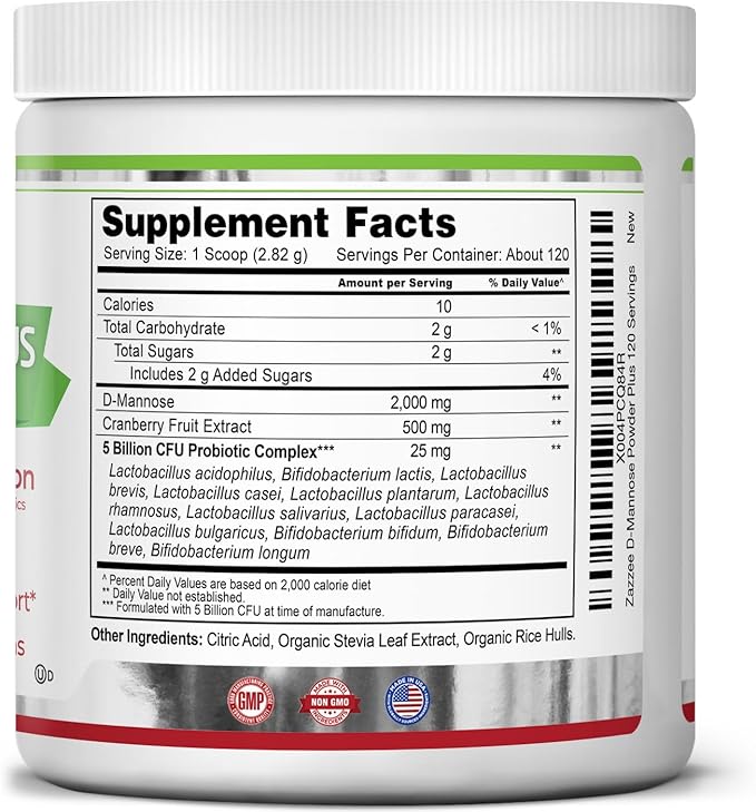 Zazzee D-Mannose Powder Plus, 2000 mg, 120 Servings, Plus 5 Billion CFU Probiotics and Pure Cranberry Juice Extract, Certified Kosher, Free Scoop, 11.94 oz, Urinary Tract Support, Non-GMO
