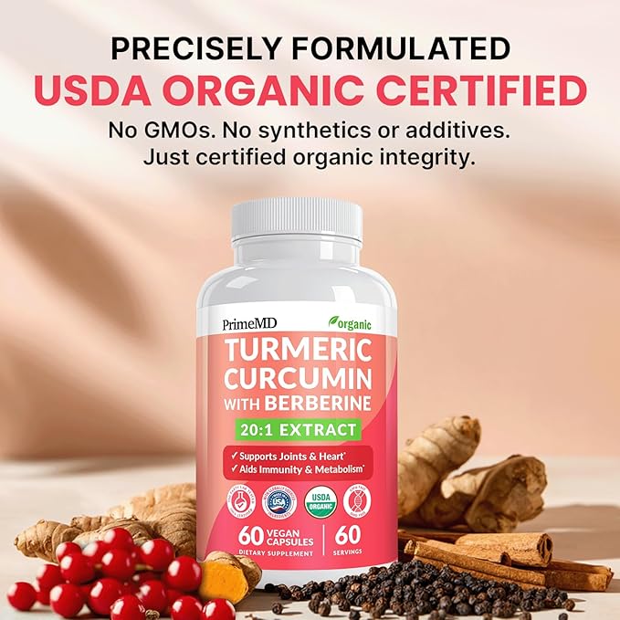 5-in-1 USDA Organic Turmeric Curcumin Supplement - 230mg with Berberine, Ceylon Cinnamon Bioperine and Ginger Supplements for Mobility, Digestion & Wellness Support, USDA Organic, 60 Servings, 1-Pack