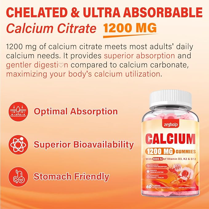 Calcium 1200 mg with Vitamin D3 Supplement for Adults - Calcium Gummies with Vitamin D3 5000IU, K2, B12 for Women Men - Extra Absorption Calcium Citrate - Natural Strawberry Flavor, 60 Gummies