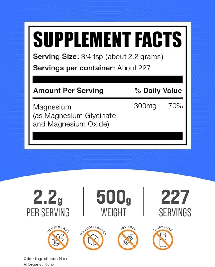 BulkSupplements.com Magnesium Glycinate Powder - Magnesium Glycinate 300mg, Highly Absorbable - Gluten Free, 2.2g per Serving, 500g (1.1 lbs) (Pack of 1)