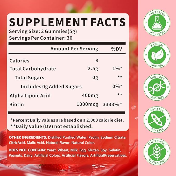 Alpha Lipoic Acid Gummies 400 MG, Chewable R Lipoic Acid Supplement for Antioxidant & Nervous System Support, Sugar Free, Vegan, Strawberry Flavor, 60 Count
