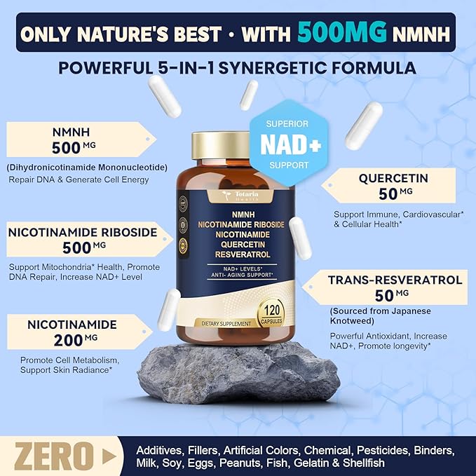 Totaria NMNH (Dihydronicotinamide Mononucleotide), NMNH Supplement w/Niacinamide (Vitamin B3), Quercetin, Trans-Resveratrol, Support NAD+, Anti-Aging, Skin Cell Health & Energy, 240 Count