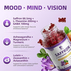 Lukaree 10-in-1 Saffron Gummies Supplements for Mood, Focus & Eye Support with L-Theanine 200mg, GABA, Ashwagandha, Lutein, Zeaxanthin & Astaxanthin, Sugar Free, Vegan, Berry Flavor, 60 Count