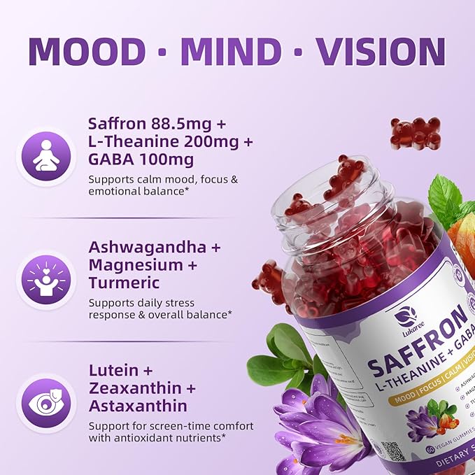 Lukaree 10-in-1 Saffron Gummies Supplements for Mood, Focus & Eye Support with L-Theanine 200mg, GABA, Ashwagandha, Lutein, Zeaxanthin & Astaxanthin, Sugar Free, Vegan, Berry Flavor, 2 Pack 120 Count