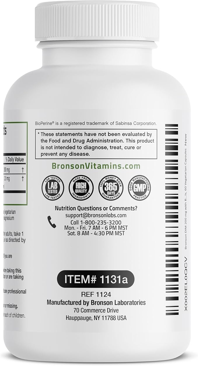 Bronson DIM 200 MG Supplement Diindolymethane with BioPerine for Enhanced Absorption, Estrogen Metabolism & Maintains Balanced Hormone Levels, 60 Vegetarian Capsules