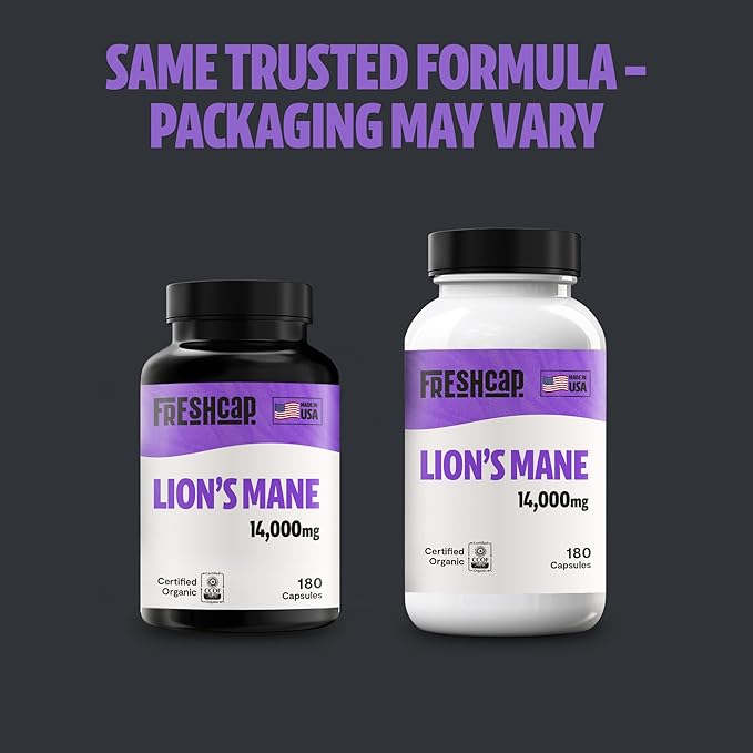 FreshCap Lions Mane Supplement Capsules 14,000mg - Lion's Mane Mushroom 14:1 Extract for Brain Support, Premium Ayurveda Organic LionsMane Mushroom for Memory, Focus & Clarity (180 Capsules)