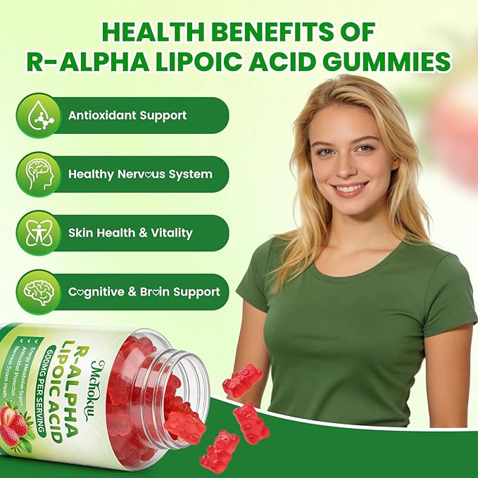 R Alpha Lipoic Acid 600mg Gummies, Stabilized R-Alpha Lipoic Acid, ALA Supplement for Nerve Health, Antioxidant & Metabolism Support- Vegan, Non-GMO, Gluten Free, Strawberry Flavor - 60 Count