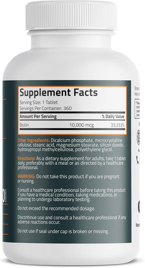 Bronson Biotin 10,000mcg, Supports Healthy Hair, Skin and Nails, Vegetarian, Non-GMO, 360 Tablets