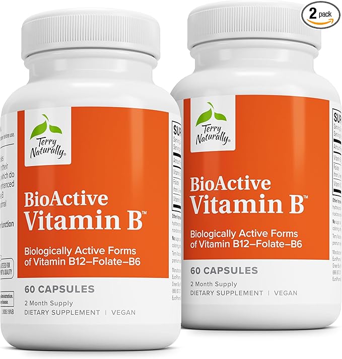 Terry Naturally BioActive Vitamin B - Aid Heart Health with Bioactive B Vitamins - Supplement with Folate & Calcium - B Complex Vitamin to Aid Nervous System Function - 60 Capsules (Pack of 2)