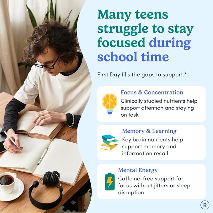 FIRST DAY Teen Brain & Focus Supplement Gummies Ages 13–18 | Study & Concentration Support with Cognizin® Citicoline & Phosphatidylserine | Vegan, Non-GMO, Caffeine-Free | 30-Day Supply