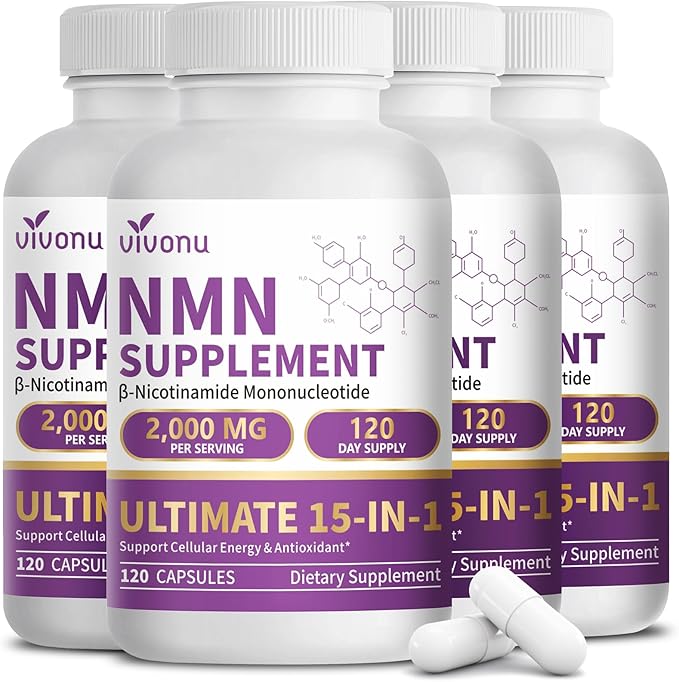 15-in-1 Liposomal NMN Supplement, 2000mg per* Serving*, 120 Day Supply, 99% Pure, NAD+ NMNH Alternative with Nicotinamide Mononucleotide, Resveratrol, TMG, CoQ10, Quercetin & Glutathione, 4 Bottles