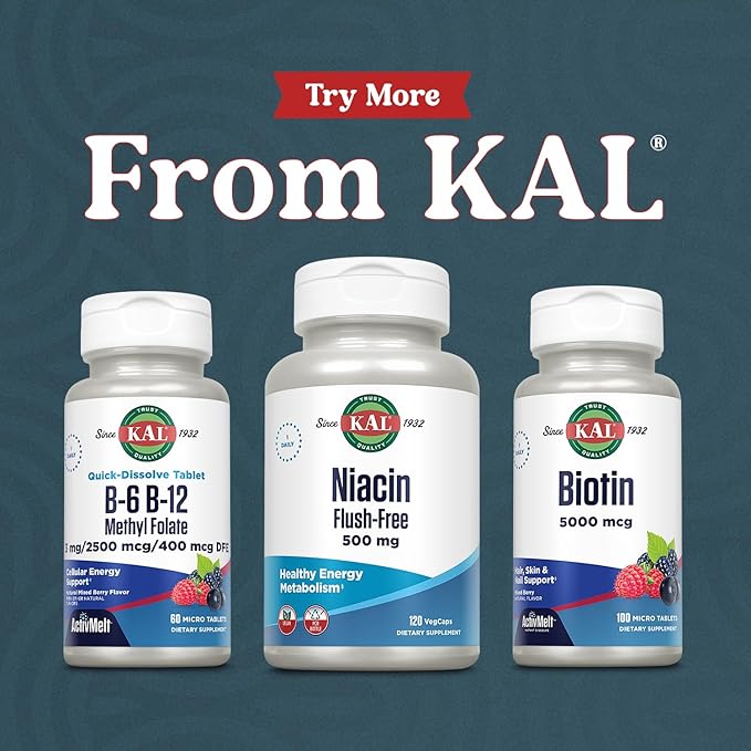 KAL Vitamin B-6 B-12 Methyl Folate ActivMelt, Vitamin B Supplement, Heart Health, Energy and Red Blood Cell Support with Methyl B12 and DFE Folic Acid, Natural Berry Flavor, 60 Servings, 60 Micro Tabs