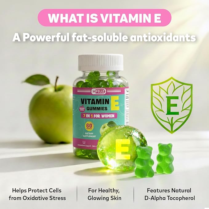 Vitamin E Gummies for Women – 400 IU (268mg) Vitamin E Supplements with Biotin & Hyaluronic Acid for Skin, Hair & Nails – Sugar Free, Vegan, Non-GMO – 60 Count