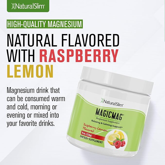 NaturalSlim MagicMag Magnesium Citrate Powder Drink for Relaxation, Stress, Constipation, Better Rest & Digestive Health, Magnesium Supplement for Women and Men, Raspberry Lemon 8oz