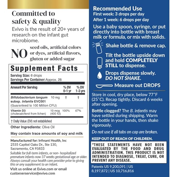 Evivo Infant Probiotic Drops | Baby Essentials for Colic & Gas Relief | Safe for Newborns | Ease Crying, Fussing, Colic, Gas & Diaper Rash | Non-GMO Project Verified | 6.5mL