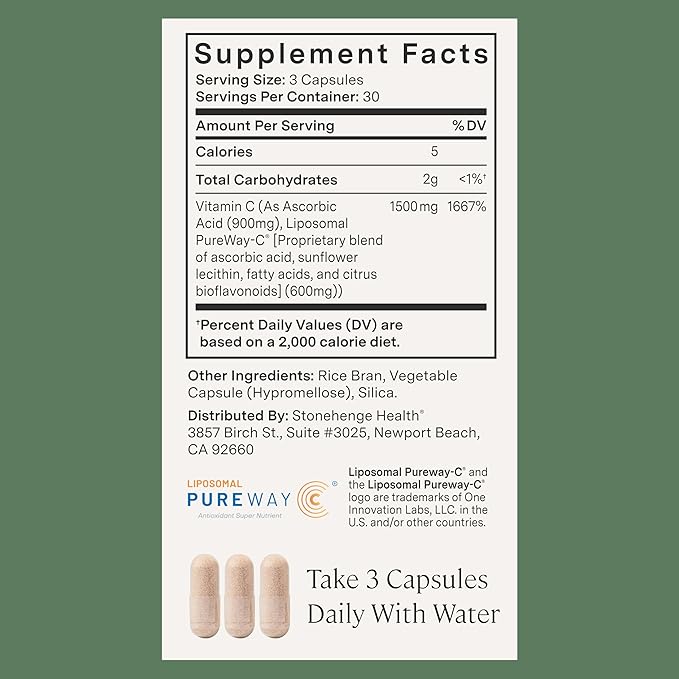 Stonehenge Health Dynamic Liposomal Vitamin C 1500mg - 90 Capsules - Advanced Formula - Phospholipids, Non-GMO Sunflower, Supports Healthy Immune System, Collagen Synthesis & Brain Health (3 Pack)