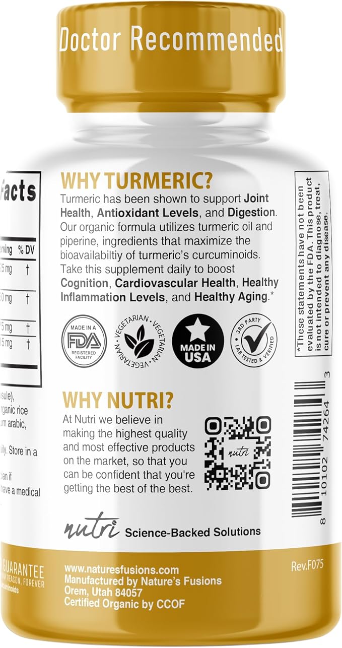 Nutri Organic Turmeric Curcumin Supplement 1425mg - 40x More Bioavailable - 95% Pure Curcuminoids - with Black Pepper, Ginger & Turmeric Oil - 90 Count Capsules, 3rd Party Tested