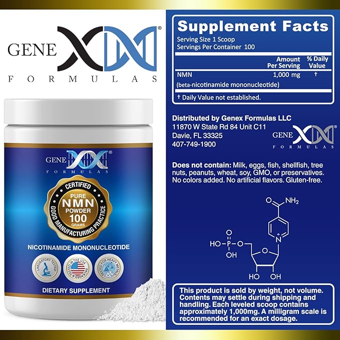 Genex Formulas Pure NMN Powder 100 Grams, Instant Dissolve, Shelf Stable, Non-Synthetic, PVP Free, Ultra-Low Density, 99.9% Pure NMN, Made in a US-Based, GMP, NSF & FSSC 22000 Certified Facility