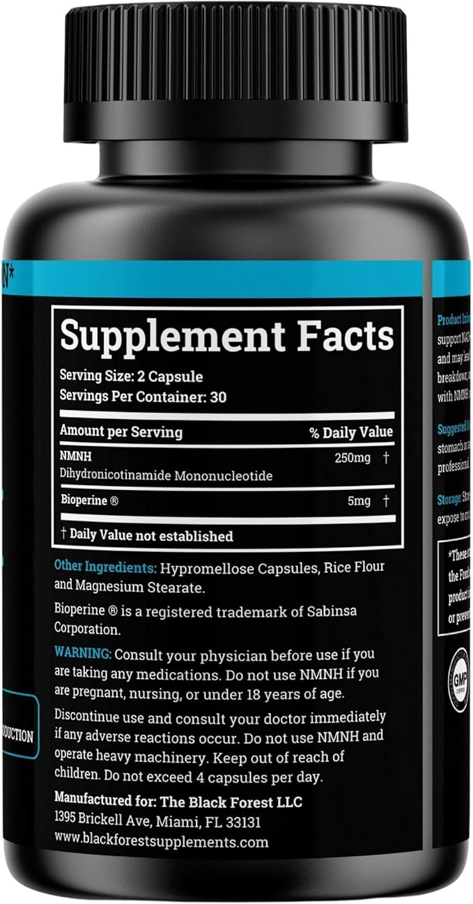 NMNH Supplement 250MG Pure Dihydro-Nicotinamide Mononucleotide (NMN Supplement Alternative with Bioperine® For 3X The Bioavailability) NAD Supplement to Boost NAD+ Levels For Anti-Aging & Energy