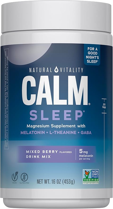 Natural Vitality Calm Sleep Melatonin and Magnesium 16oz Powder | With L-Theanine and GABA | Mixed Berry Flavred Drink Mix | Non-GMO & Vegan Supplement