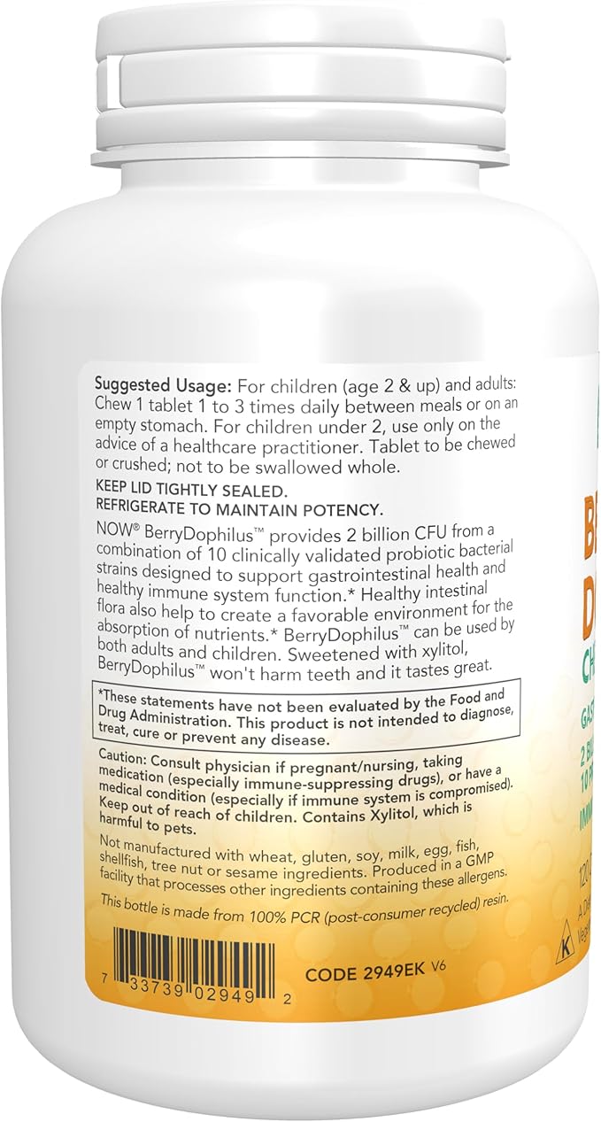 NOW Foods Supplements, BerryDophilus™ with 2 Billion, 10 Probiotic Strains, Xylitol Sweetened, Strain Verified, 120 Chewables, packaging may vary