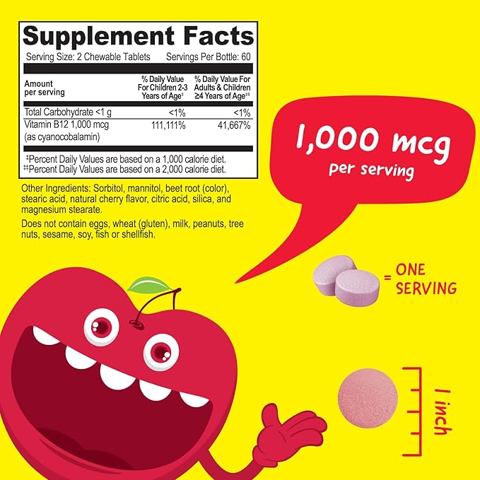 Kids Vitamin B12 1000 mcg Chewable Tablets - Tasty Natural Cherry Flavor - Vegan, GMO-Free, Gluten Free, Nut Free - Dietary Supplement - Cellular Energy Vitamins for Children - 120 Chewables