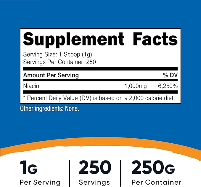 Nutricost Niacin Vitamin B3 Powder 250 Grams - 1G Per Serving - Vitamin B3 (Niacin) Powder - May Cause Flush