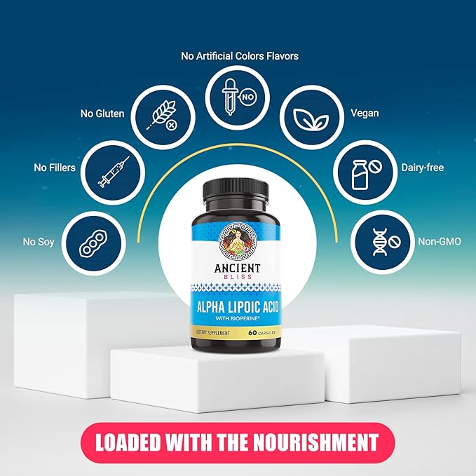 Ancient Bliss Alpha Lipoic Acid Supplement, Antioxidant and Energy Support, ALA Supplement with Bioperine, No Gluten and Soy, 600mg per Serving, 60 Vegan Capsules