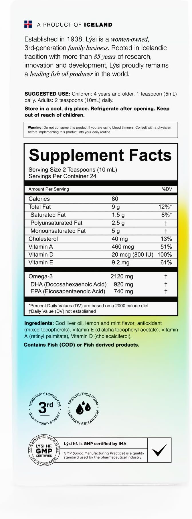 LYSI Icelandic Cod Liver Oil Liquid Supplement – 1,100 mg Omega-3 per Teaspoon – EPA 740 mg & DHA 920 mg per 2 TSP – with Vitamins A, D & E – Mint Flavor – 8.12 fl oz (24 Servings)