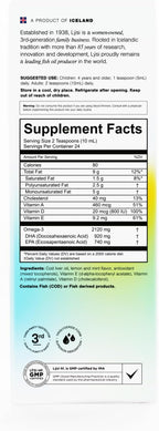 LYSI Icelandic Cod Liver Oil Liquid Supplement – 1,100 mg Omega-3 per Teaspoon – EPA 740 mg & DHA 920 mg per 2 TSP – with Vitamins A, D & E – Mint Flavor – 8.12 fl oz (24 Servings)