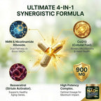Liposomal NAD+ NMN Supplement with COQ10, Nicotinamide Riboside, Trans-Resveratrol, 900mg, 90 Veggie Capsules