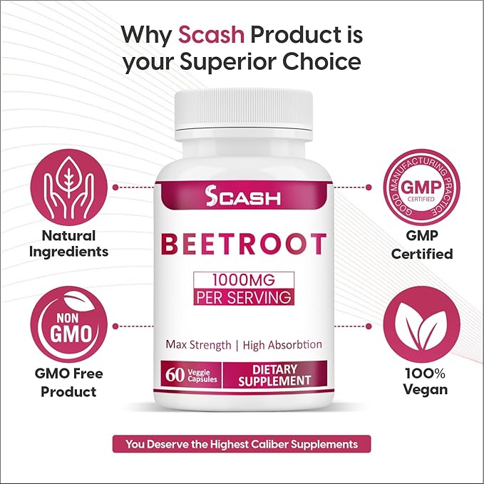 scash Beet Root Capsules - 1000mg Per Serving - 60 Beet Root Powder Capsules - (Pure, Non-GMO & Gluten Free