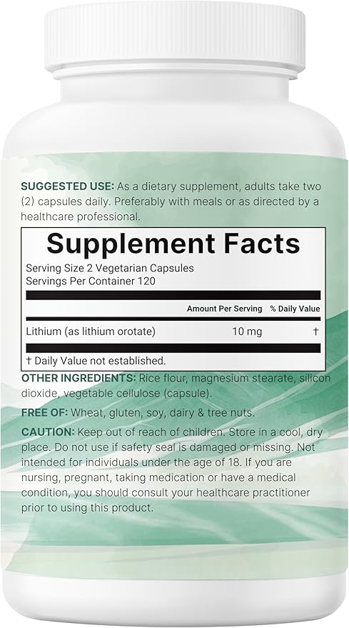 Lithium Orotate 10mg, 240 Veggie Capsules | 5mg Per Capsules | High Bioavailability Trace Mineral | Healthy Aging, Brain Supplement, & Mood Support | Non-GMO, Gluten Free