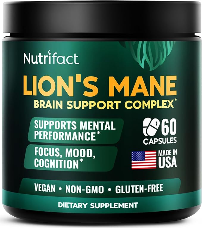 Lions Mane Supplement Capsules – 1000 mg per Serving, Complete Brain Support Complex with L Theanine, Ginkgo Leaf, Vitamin B6, B12 - Vegan, Non-GMO & Made in USA Lions Mane Mushroom - 60 Capsules