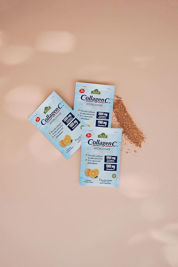 ALFA VITAMINS Collagen C Peptides Hydrolysate Powder Supplement, Vitamin C 1000mg, Gluten Free Hydrolyzed Collagen for Skin, Hair, Nails, Joint & Bone Support, Antioxidant, 30 Sachets per Box, 4 Pack