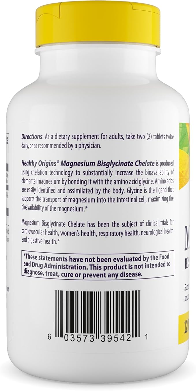 Healthy Origins Magnesium Bisglycinate Chelate (Non-GMO, Gluten Free, Cardiovascular Support, Bone Support, Neurological Support, Vegan), 120 Tablets