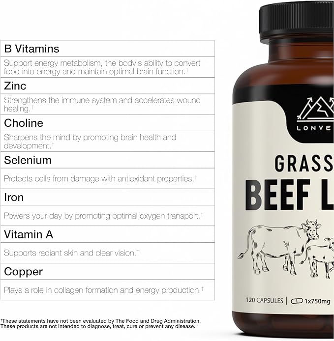Lonvera Grass Fed Beef Liver Supplement – 3000mg Freeze Dried Desiccated Organs – Nutrient Source for Joints, Bones, Hair, Skin, Nails & Daily Energy – 120 Pasture-Raised Capsules - 60 Day Supply