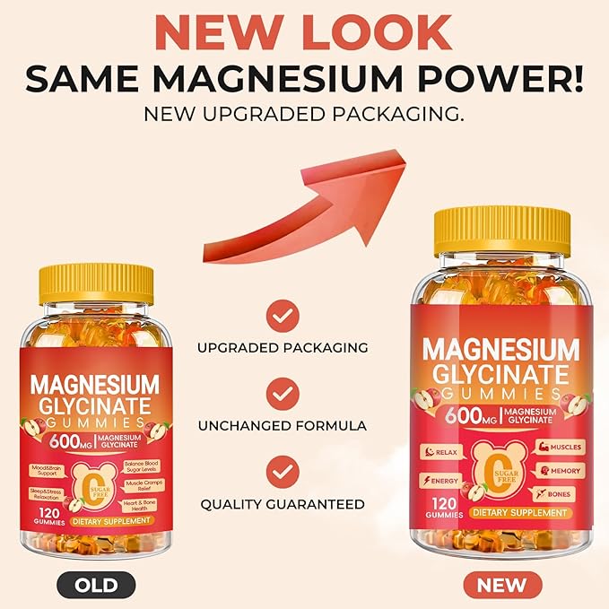 Magnesium Glycinate Gummies 600MG, Chewable Sugar Free Magnesium Citrate for Men & Women, Vitamin B6, D3, Magnesium Supplements for Sleep, Body Support and Relaxation, 60 Day Supply