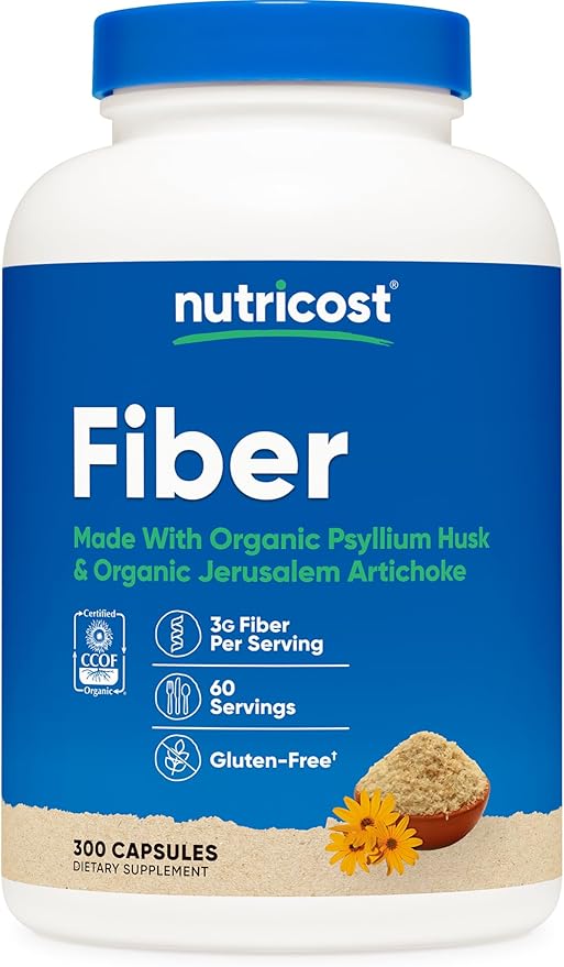Nutricost Fiber Capsules with Prebiotic Fiber Supplement 300 Capsules - Made with Organic Psyllium Husk & Organic Jerusalem Artichoke, 60 Servings, Gluten Free, 3 G Per Serving